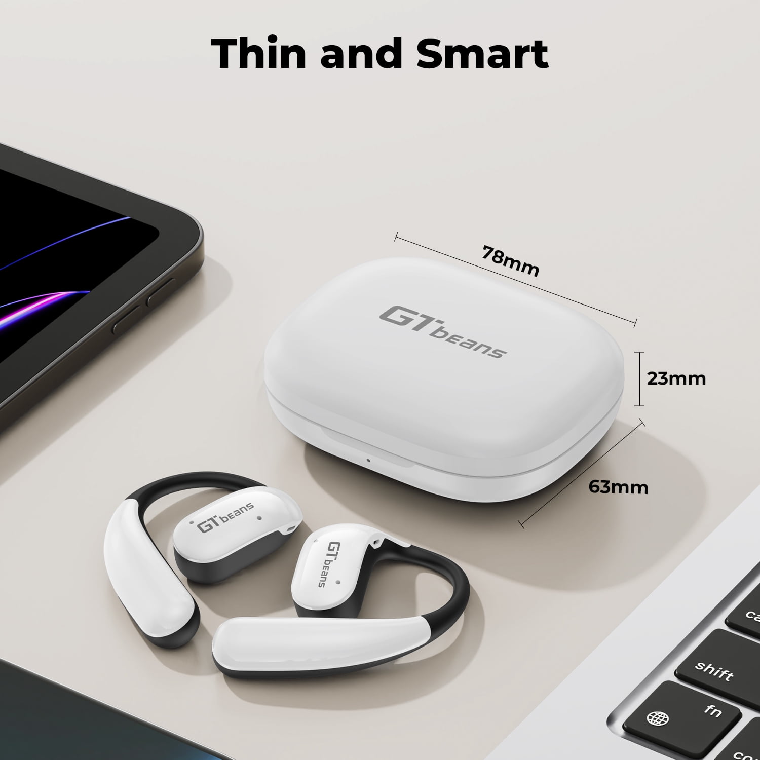 GTbeans E20 Open-Ear Earphones OWS Ear Hooks Wireless Bluetooth 6.0 Headphones IP55 Waterproof 56 Hrs Playtime 4 Mic Clear Call Sports Earbuds, White