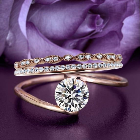 Solitaire 2 Carat Round Cut Diamond Moissanite Unique Engagement Ring, Two Matching Band Wedding Ring In 925 Sterling Silver With 18K Rose Gold Plating Band, Gift For Her, Promise, Anniversary Ring
