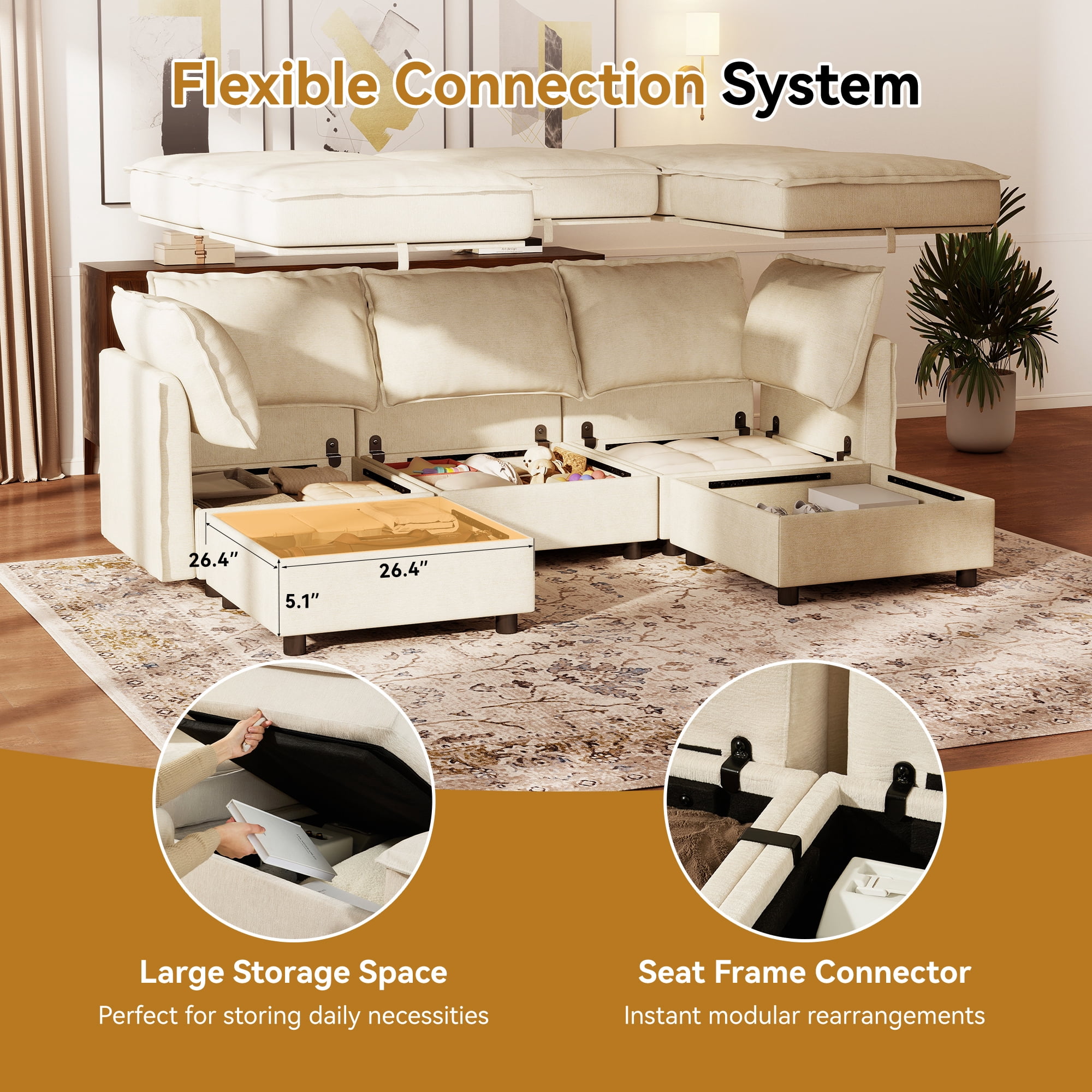 BedLuxury 97" Modular Sectional Sofa with Storage, U-Shaped Modern Sofa Couch with Movable Ottomans for Living Room, Office, Beige