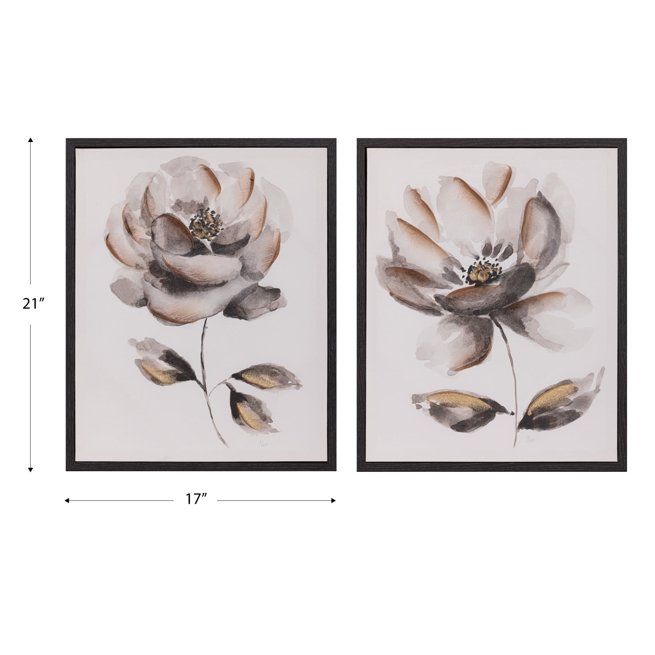 Gallery Solutions Set of 2 Large Framed Floral Canvas Art - 17x21 Black and White Floral Prints with Texture Finish, for Home or Office Décor