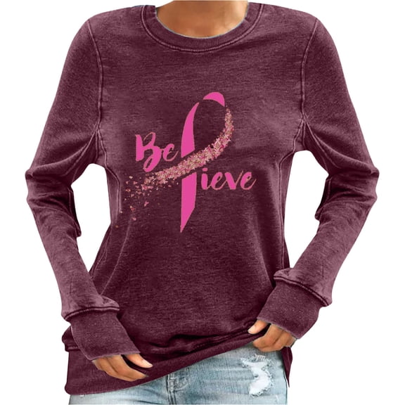 Breast Cancer Sweatshirts Womens Vintage Loose Fit Casual Pullover Crew Neck Sweatshirt Long Sleeve Tops (XL, Wine)