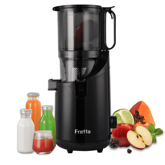 Fretta Cold Press Juicer with 5.3" Extra Large Feed Chute, 250W Slow Masticating Machines Fit Whole Fruits & Vegetables, High Juice Yield, BPA Free (Black)