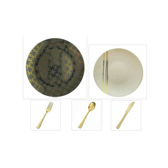 Motif Design Collection Gray w/Gold Geometric Overlay 10.25" Dinner Plastic Plates Cream w/Gold Streaks 8" Salad Plastic Plates Gold Cutlery *Party of 120*
