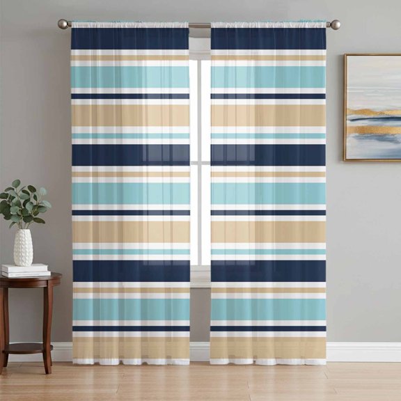 Khaki Striped Sheer Curtains 84 Inch Length 2 Panels Set Window Treatments, Navy Blue Farmhouse Stripes Modern Abstract Art Rod Pocket Semi Curtains for Living Room/Bedroom/Kitchen, 104"W x 84"L