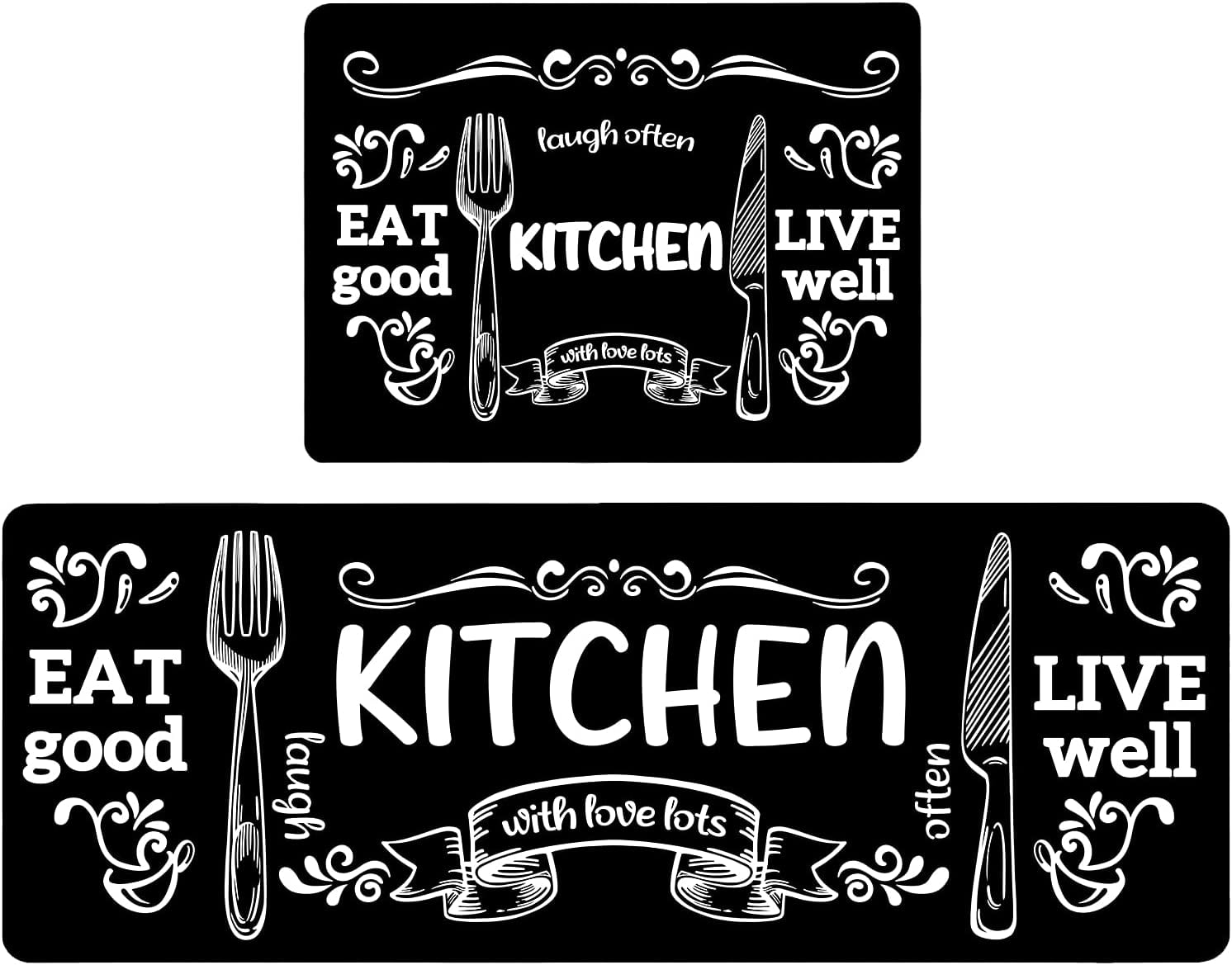 2 Piece Kitchen Rug Set NonSlip Black Rubber Backing Mat Throw Rug for