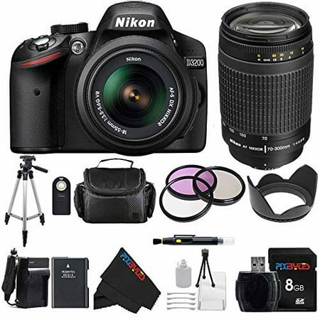 Cmos Lens - Nikon D3200 24.2 MP CMOS Digital SLR with 18-55mm f/3.5-5.6 AF-S DX VR NIKKOR Zoom Lens (Black) + Nikon 70-300mm f/4-5.6G AF Nikkor SLR Camera Lens + Pixi-Basic Dual Lens Accessory Kit