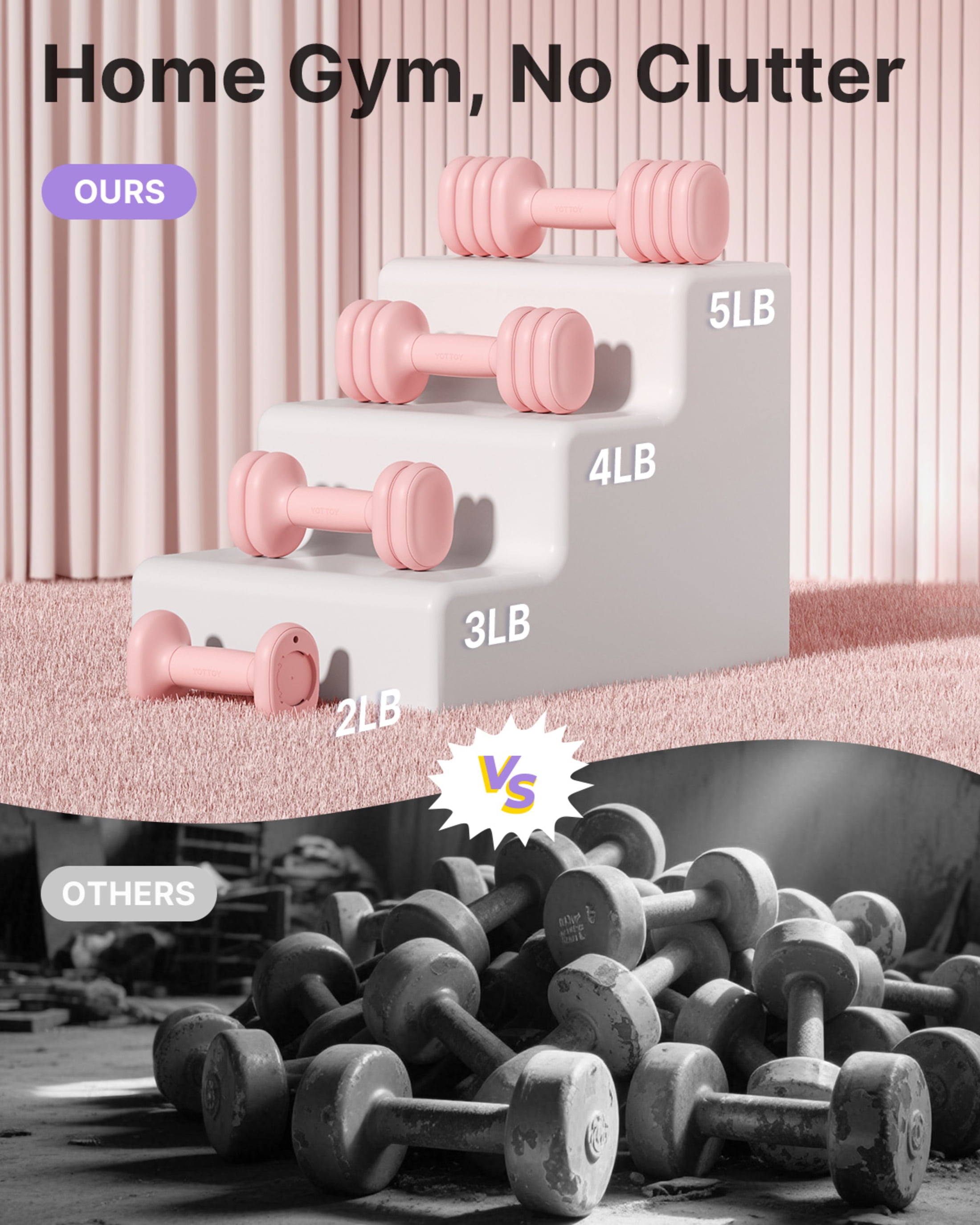 YOTTOY Adjustable Dumbbell Set, Pair 4-in-1 Hand Weights 2–5 lb Each — Compact Free Weights with Soft Grip & Base for Women's Home Gym,PINK