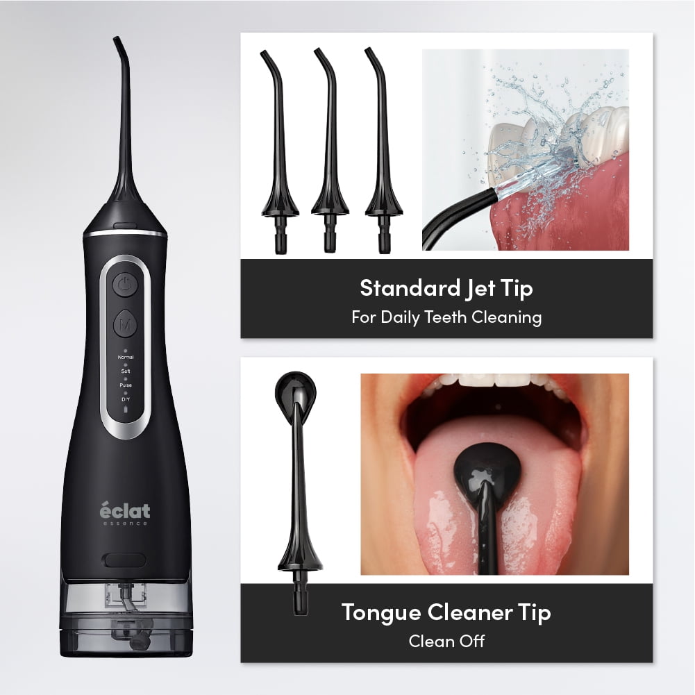 Éclat Portable Electric Waterproof Water Flosser for Deep Teeth Cleaning - 320ML Double Tank, USB-C Rechargable, Long Lasting 30 Day Charge, 4 Accessories Included BPA Free (Black)