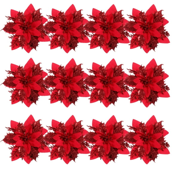 PartyKindom 12Set Small Red Poinsettia Decorations with Clips for Christmas Tree and Holiday Party Use