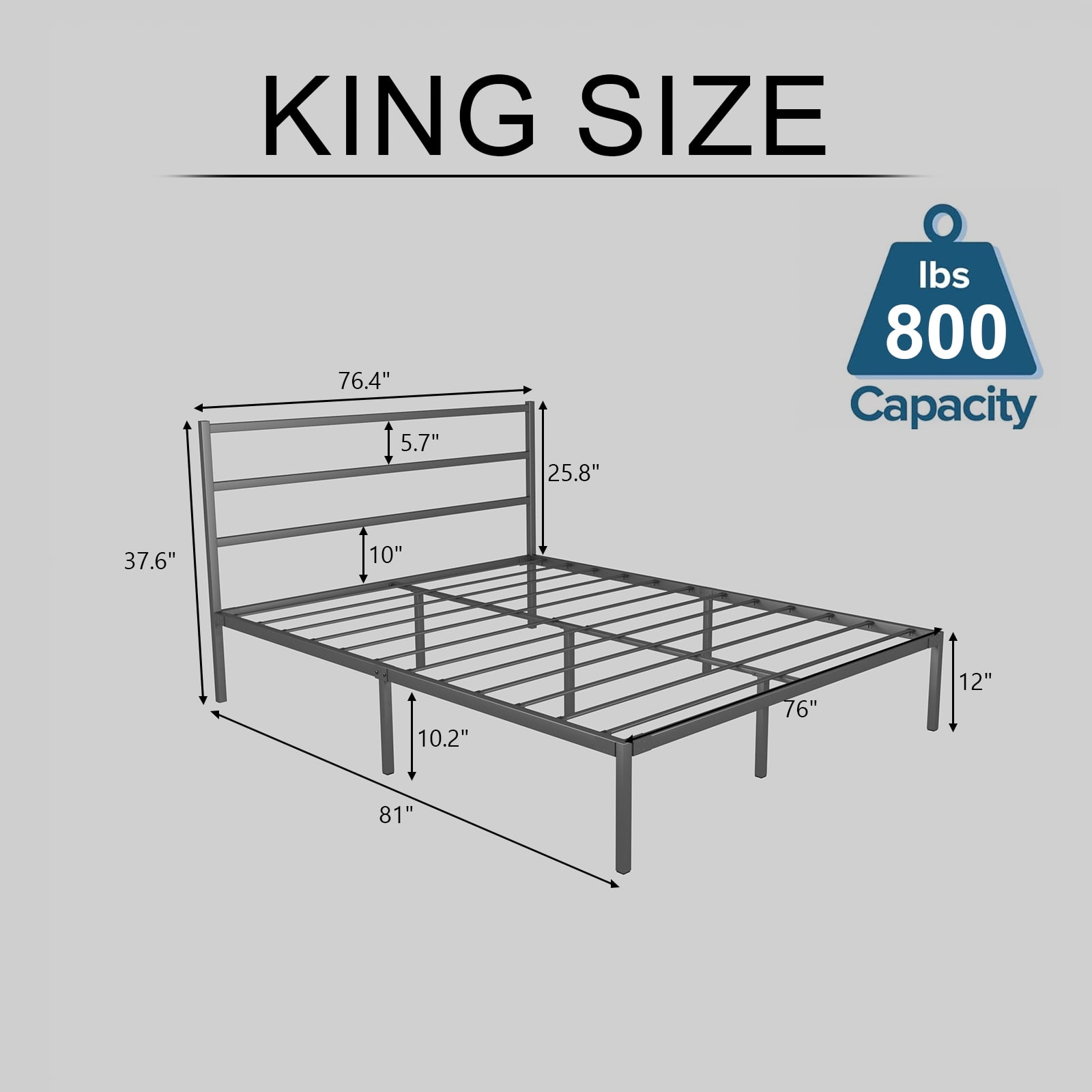 King Size Metal Platform Bed Frame with Headboard, Heavy Duty Steel Slat Support, Under-Bed Storage, No Box Spring Needed, Black