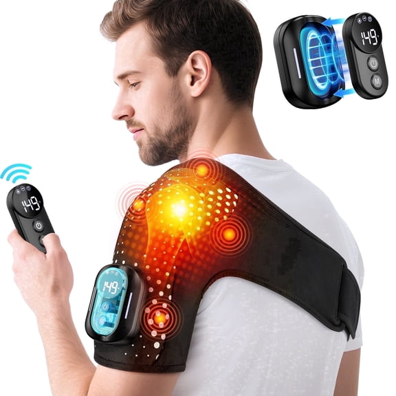 Heated Shoulder Wrap with Remote Controller, Heated Shoulder Brace Shoulder Massager with 4 Motors Vibration, Cordless Shoulder Heating Pad with 5 Heat, Fit Left Right