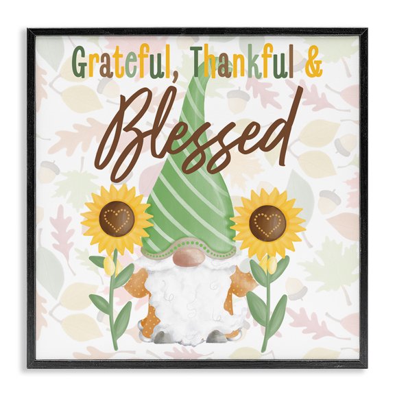 Stupell Industries Cottage Grateful Sentiment Typography Garden Gnome Sunflowers Pattern Black Framed Giclee Art, 12 x 12, by Andi Metz