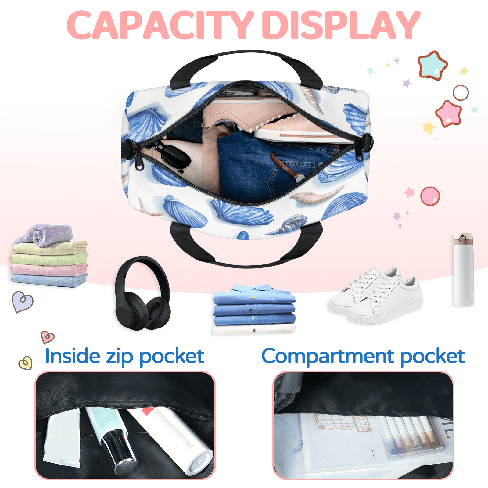 Herdesigns Seashell Starfish Travel Duffle Bag Sports Yoga Weekender Overnight Carry on Workout Bags Lightweight Waterproof Gym Tote Bag for Women Ocean Beach