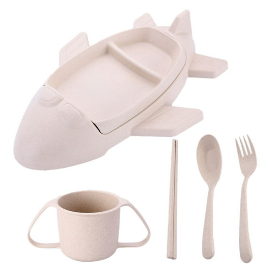 Airplane Shaped Tableware Set for Kitchen and Dining Table - Fiber Dinner Tray for Boys and Girls with Separate Plates Cutlery and Water Cup Wheat Straw Design