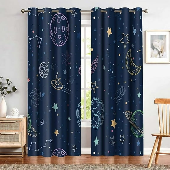 Navy Blue Blackout Curtains Space Theme Curtains Star Moon Planet Printed Children Bedroom Window Drapes For Bedrooms Living Room 53"W x 63"L (Pack of 2)