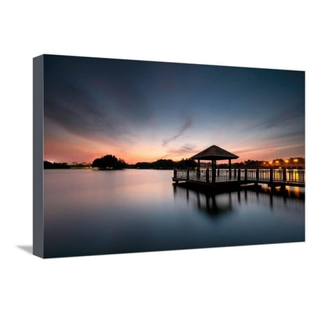 Low Light Long Exposure Scenery of a Lake with Wooden Observation Jetty in Blue Hour, with Motion B Stretched Canvas Print Wall Art By Azzudin Abdul