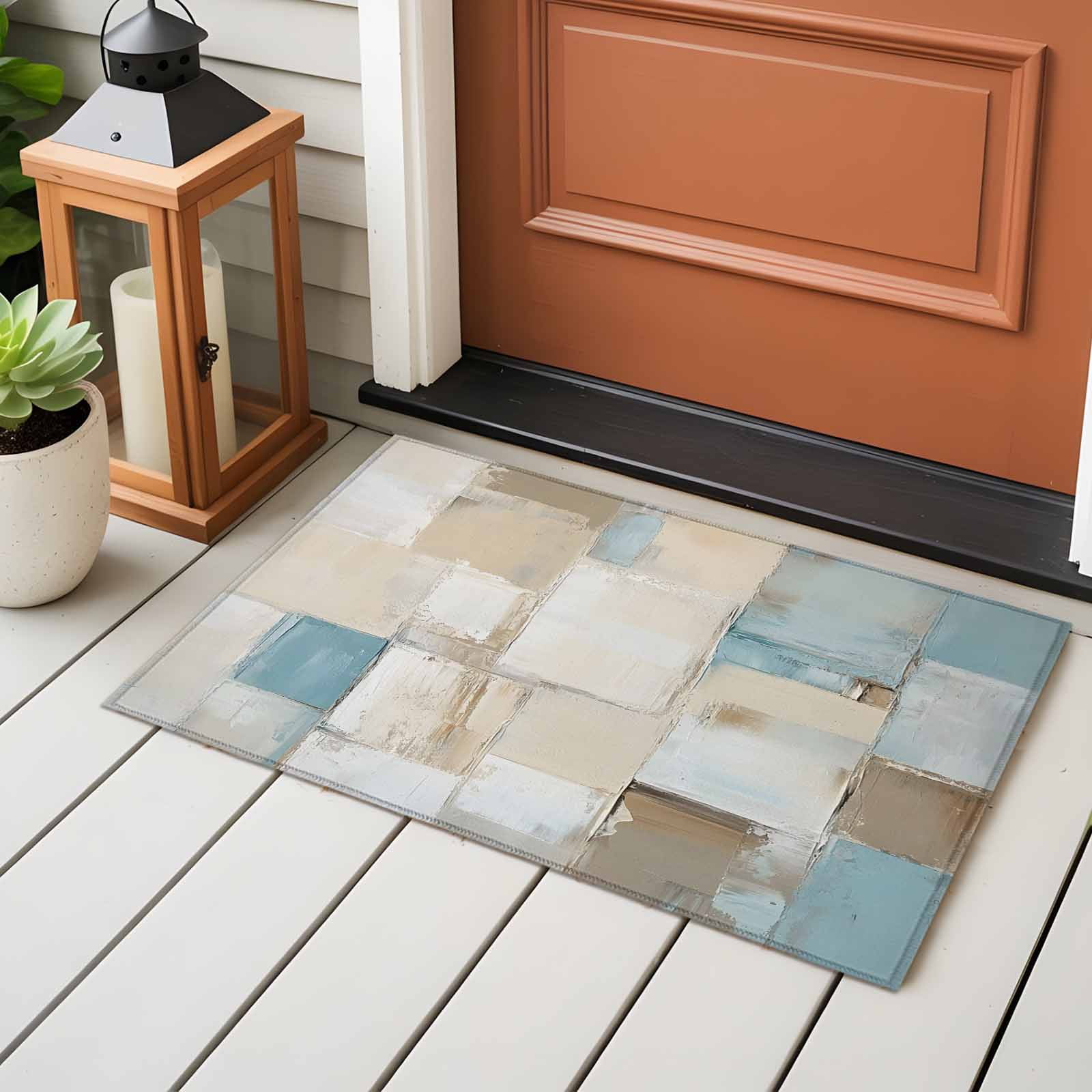 Blue Beige Bathroom Mat 2x3 FT, Non Slip Small Kitchen Mat, Modern Abstract Color Blocks Washable Soft Backed Front Door Throw Rug Non-Shedding Indoor Outdoor Doormat for Entryway Sink