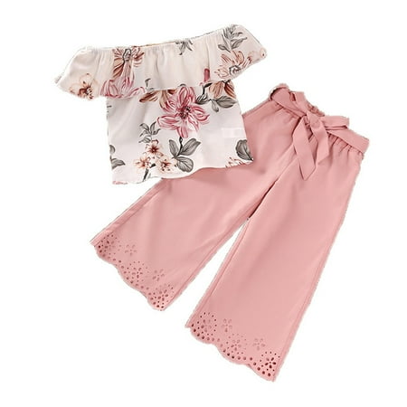 

Wiueurtly Kids Toddler Girls Off Shoulder Flower Print Tops Solid Pants With Belt Outfits Set Baby Girl Stuff Little Sister