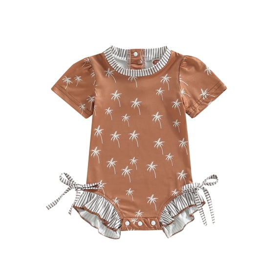 Coduop Infant Baby Girls Bodysuit Romper Coconut Tree Print Short Sleeve Bowknot Jumpsuits Summer