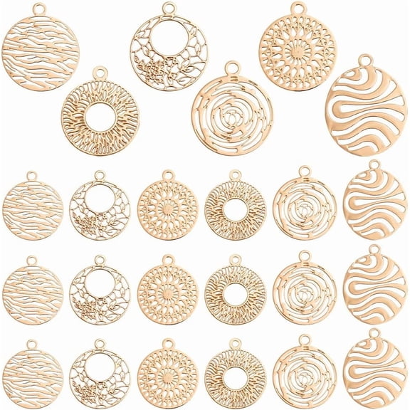 120pcs 6 Styles Brass Filigree Pendants Flat Round Gold Charms Bulk Metal Pendants Hollow Metal Charms