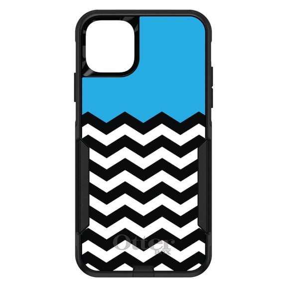 DistinctInk Case for iPhone 15 (6.1" Screen) - OtterBox Commuter Custom Black Case - Black White Cyan Blue Chevron - Black & White Chevron Stripes Pattern