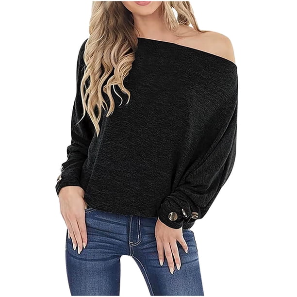 Blusa de camiseta holgada sólida con hombros descubiertos y cuello de una palabra para mujer Fridja gope5079
