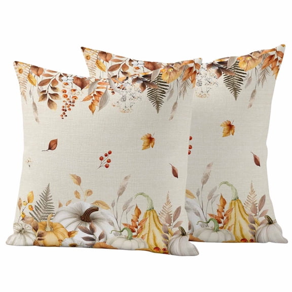 Fall Grey Orange Outdoor Waterproof Pillow Covers, Thanksgiving Pumpkins Rustic Maple Leaf Decorative Square Throw Pillowcase Sofa Cushion Sham for Patio/Couch/Chair, 20"x20" 2 Pack