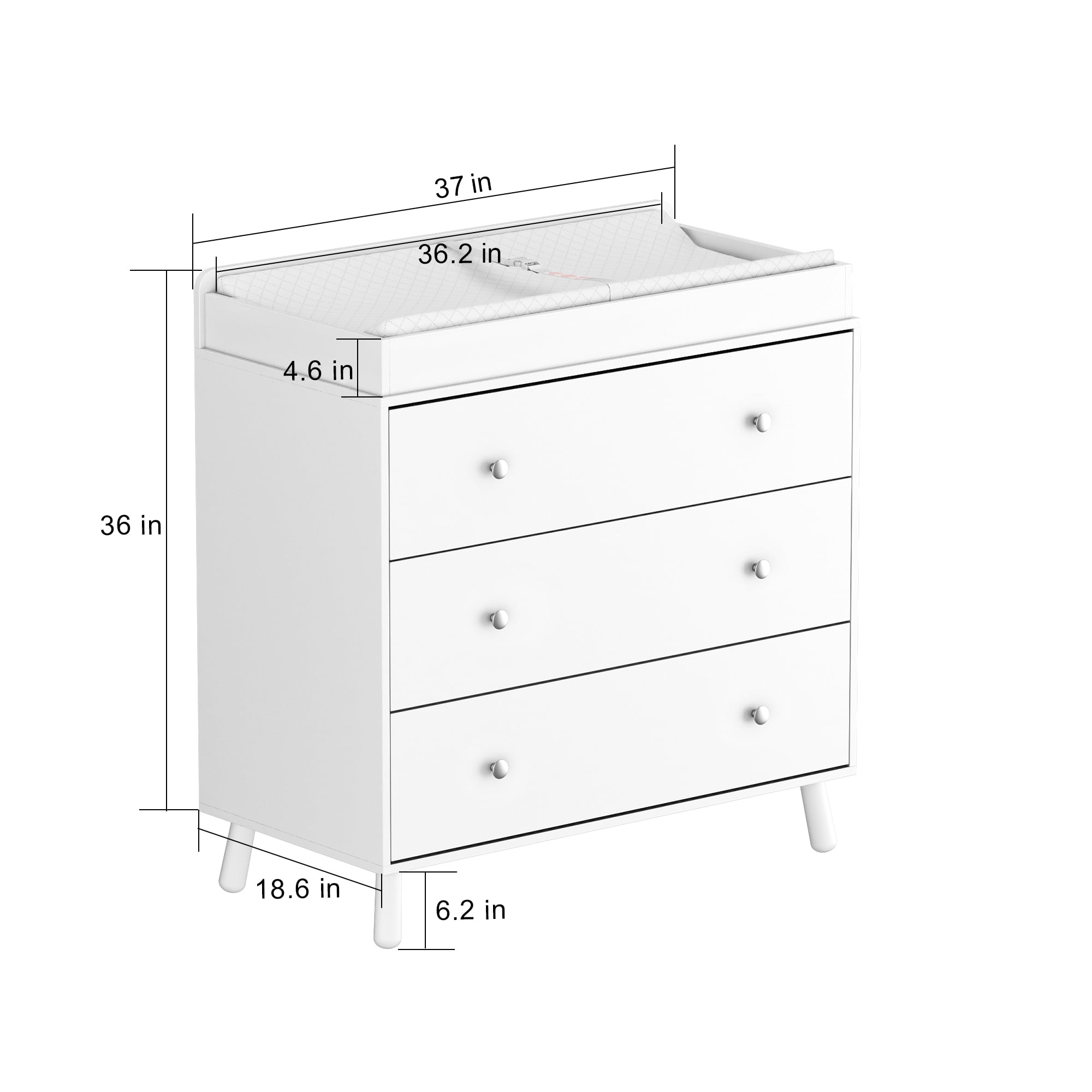 Sfugno Changing Table,3 Drawers Storage Dresser with Removable Pad,Baby Changing Table Safety Rail and Strap for Bedroom, Nursery,White