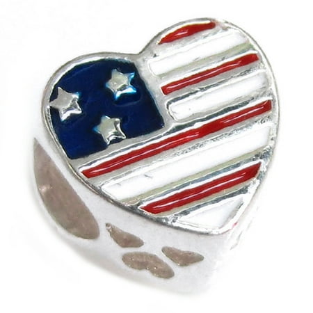 Queenberry Sterling Silver USA Flag Military Mom Heart Enamel European Style Bead Charm Fits