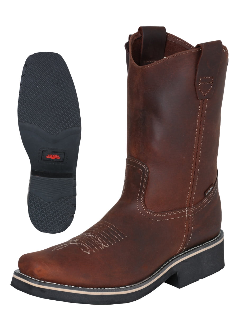 Men's Establo Work Boots Genuine Leather Tan Crazy Western Cowboy Pull On 521 