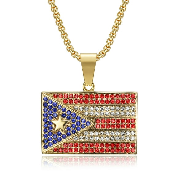 NEGS 18K Gold Plated Puerto Rico Flag Pendant 24'' Chain Punk Rock Hip Hop Stainless Steel Necklace for Men Women