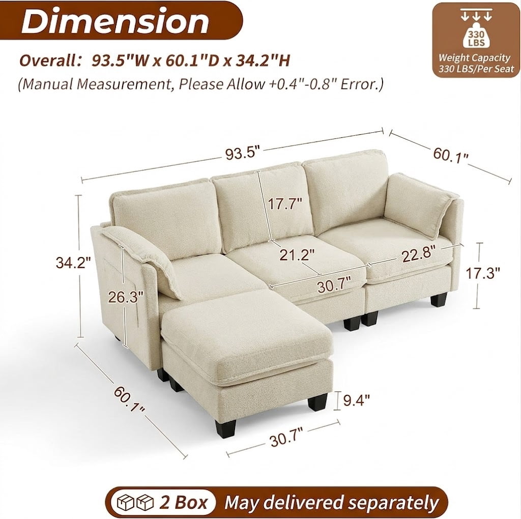 Avobird 97-inch L-shaped Sofa, Upholstered Deep Seat Sofa with Cotton-Linen Brushed Fabric, Ottoman & Side pocket, 3-Seater Sofa for Living Room, Beige