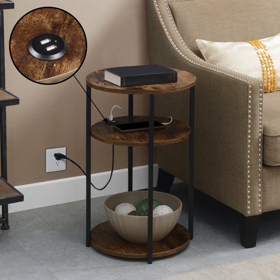 Convenience Concepts Designs2Go 24"x15.75" Simon 3-Tier End Table with USB Ports, Barnwood/Black