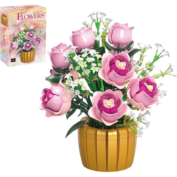 Remocguys Pink Roses Bouquet Building Blocks Set Compatible with Lego Flowers Artificial Botanical Bonsai for Adults Women 1056pcs