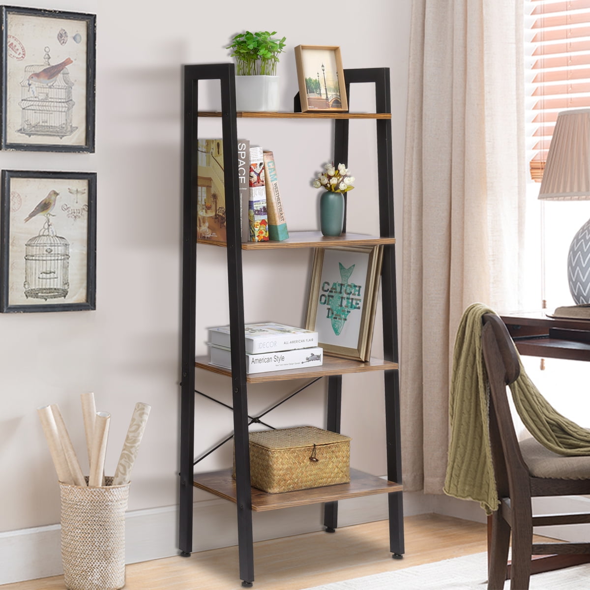 Industrial Shelf Ladder Bookshelf Organizer 4-Tier 