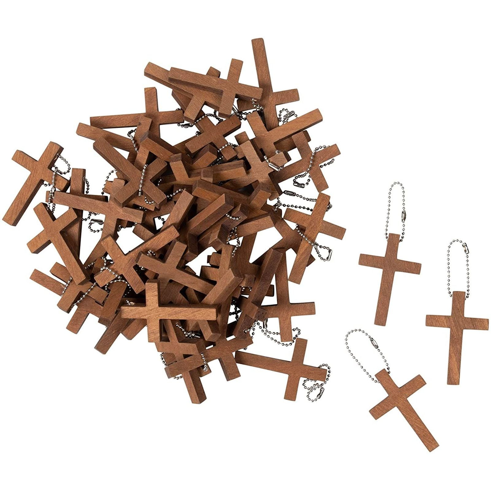 50-Pack Cross Keychains - 1.2 x 1.75-Inch Wooden Cross Key Chain, Religious Key Chains for Party Favors, Sunday School DIY Craft