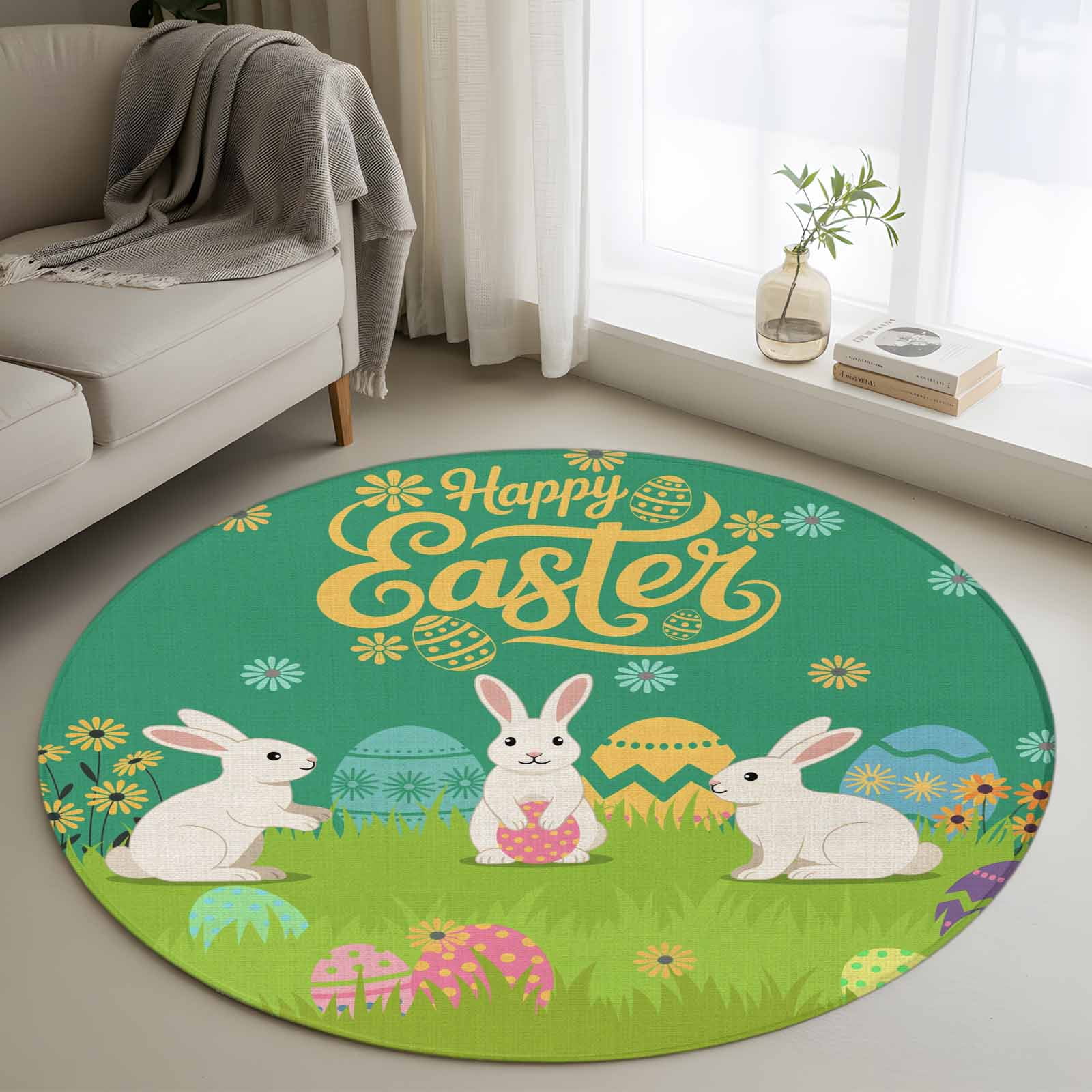 Round Area Rug 4ft Easter Bunny on Green Meadow Non-Shedding Washable Area Rug Colorful Egg Wild Flower Non Slip Low-Profile Circle Rugs for Living Room Bedroom Dining Room