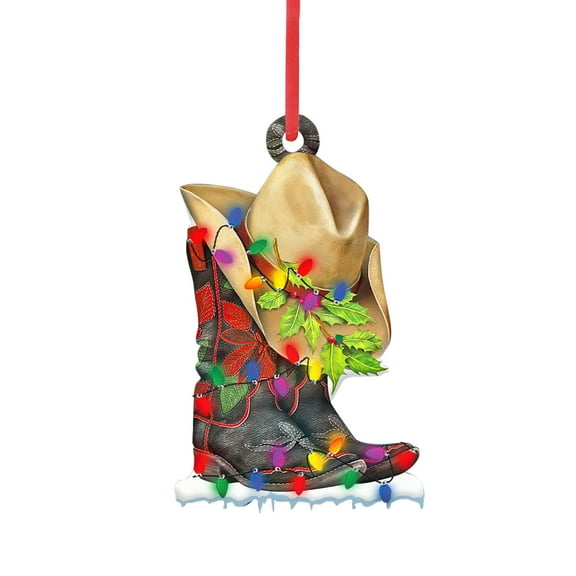 Cowboy Boot and Hat Christmas Ornament with Lights, Festive Hanging Decor for Western - Themed Holiday Season Decorations,B