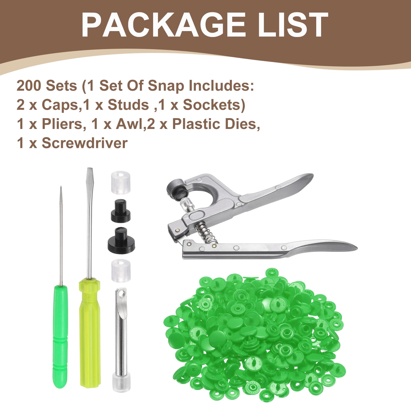 Uxcell Plastic Snaps Fasteners with Snap Pliers, 200 Set T3 Round Resin No-Sew Button Snap Fasteners Kit Green
