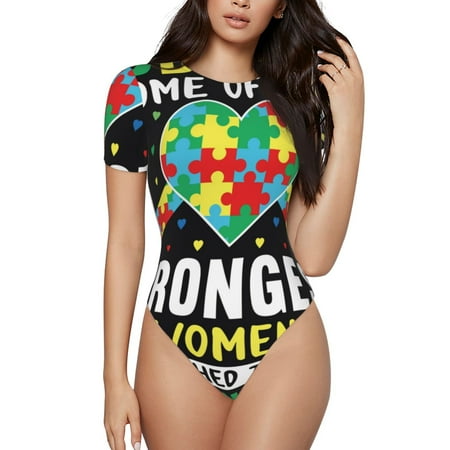 KLL Women  s Crew Neck Bodysuit Jumpsuits I Love With Autism Print Short onesies Stretch T Shirts