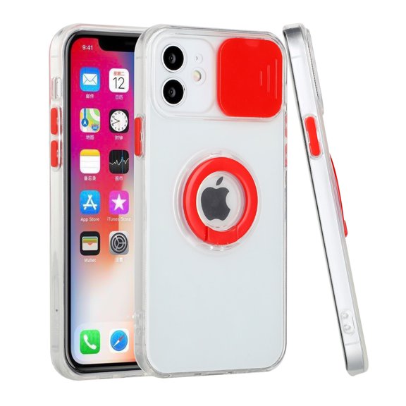 For Iphone 13 6.1 Slick 2.0mm Thick Tpu Ring Stand Camera Window Case Cover - Red