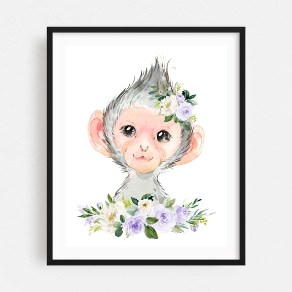 Monkey, Jungle Animals, Safari Animals, Purple Flowers, Gender Neutral Nursery - Illustration Watercolor Animal Floral Whimsical Flowers Black Framed Wall Art Print 11 x 14 inches