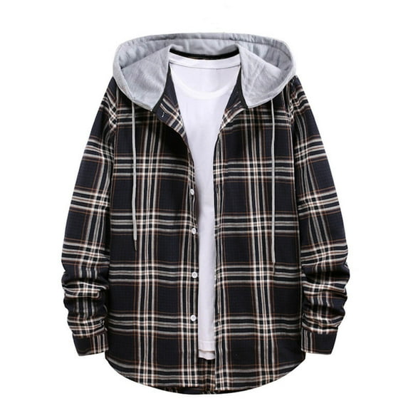 ShomPort Jackets for Mens Plaid Pattern Drawstring Long Sleeve Button Hooded Lightwieght Coats Casual Trendy Outdoor Cozy Outwear
