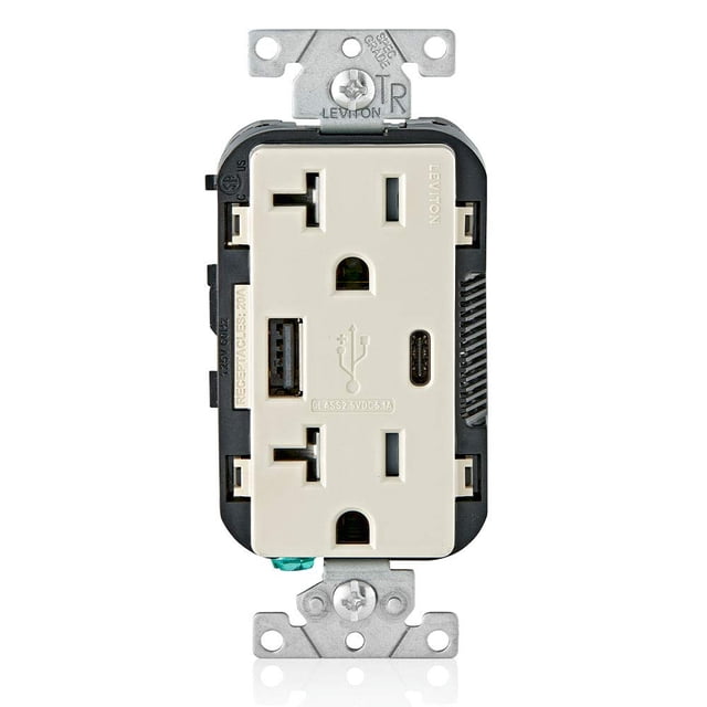 Leviton T5833-T Cargador de pared USB tipo A y tipo C con cargador USB de salida a prueba de manipulaciones de 20 A para teléfonos inteligentes y tabletas. No apto para portátiles Almendra clara