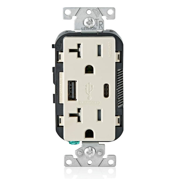 Leviton T5833-T Cargador de pared USB tipo A y tipo C con cargador USB de salida a prueba de manipulaciones de 20 A para teléfonos inteligentes y tabletas. No apto para portátiles Almendra clara
