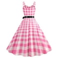 thumbnail image 3 of Dress pstuiky Women Hepburn Style Dress Vintage Plaid Print Dress Sleeveless V-Neck Dress Knee-Length Dress Clothing Dress Costumes for Party Pink M, 3 of 8