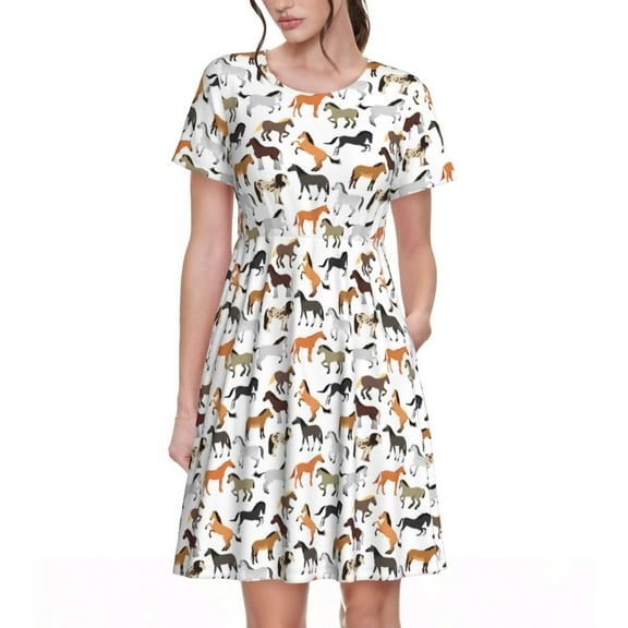 Defioc Horse Pattern Womens Summer Dresses Short Sleeve Sundress 2025 Beach Vacation Dresses with Pockets -Small