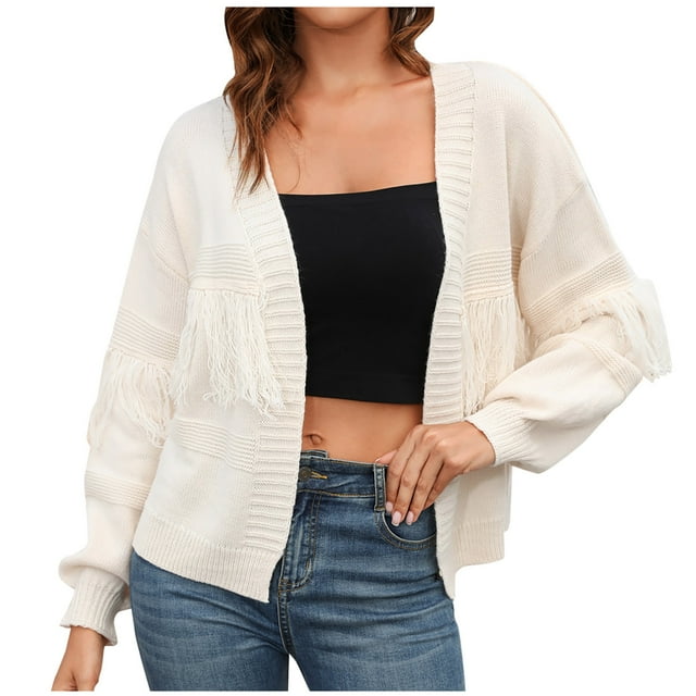 AherBiu Cardigan Sweaters for Women Ribble Knit Fringe Tassels Jackets Open Front Fall Clothes