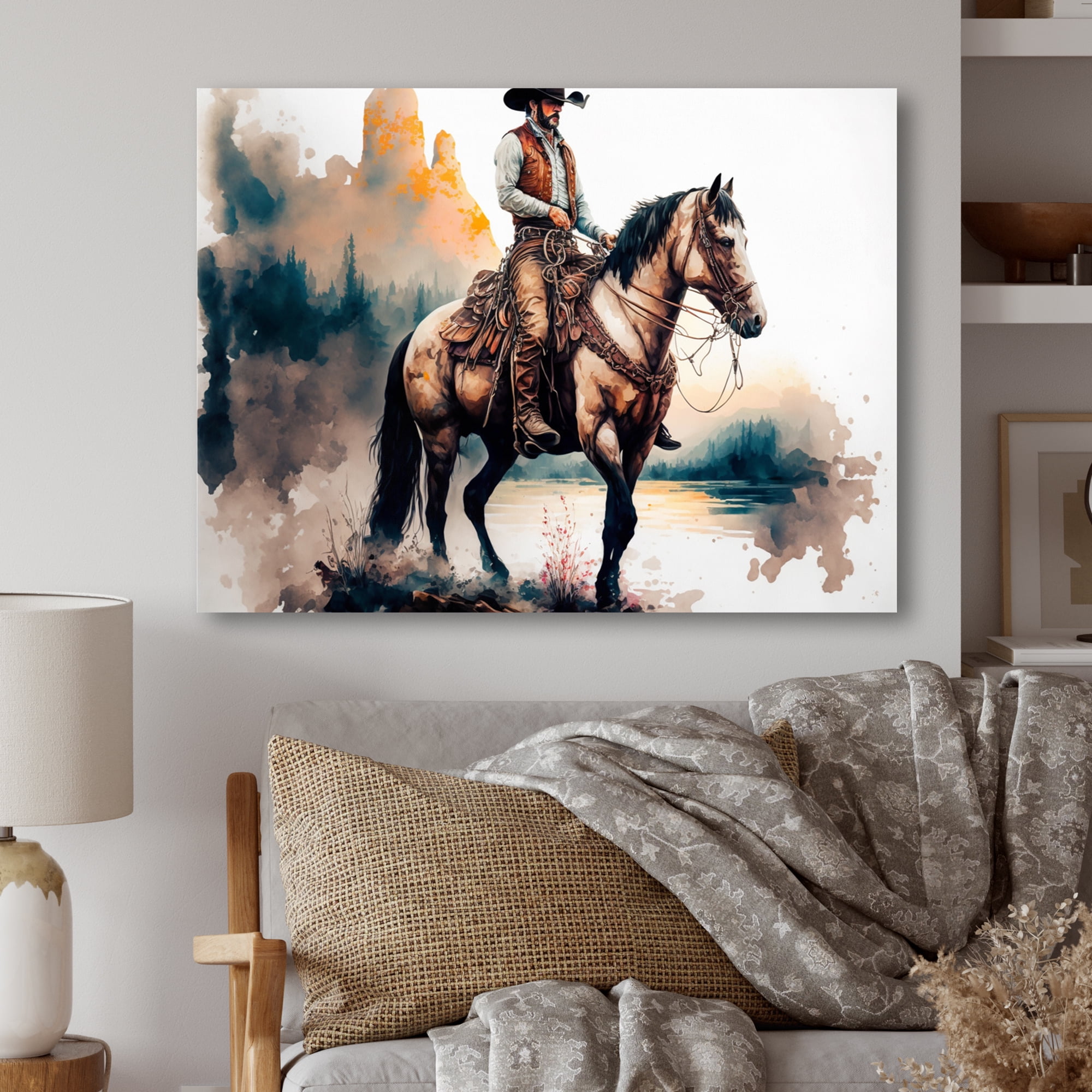 Designart Western Cowboy Riding A Horse I Canvas Wall Art