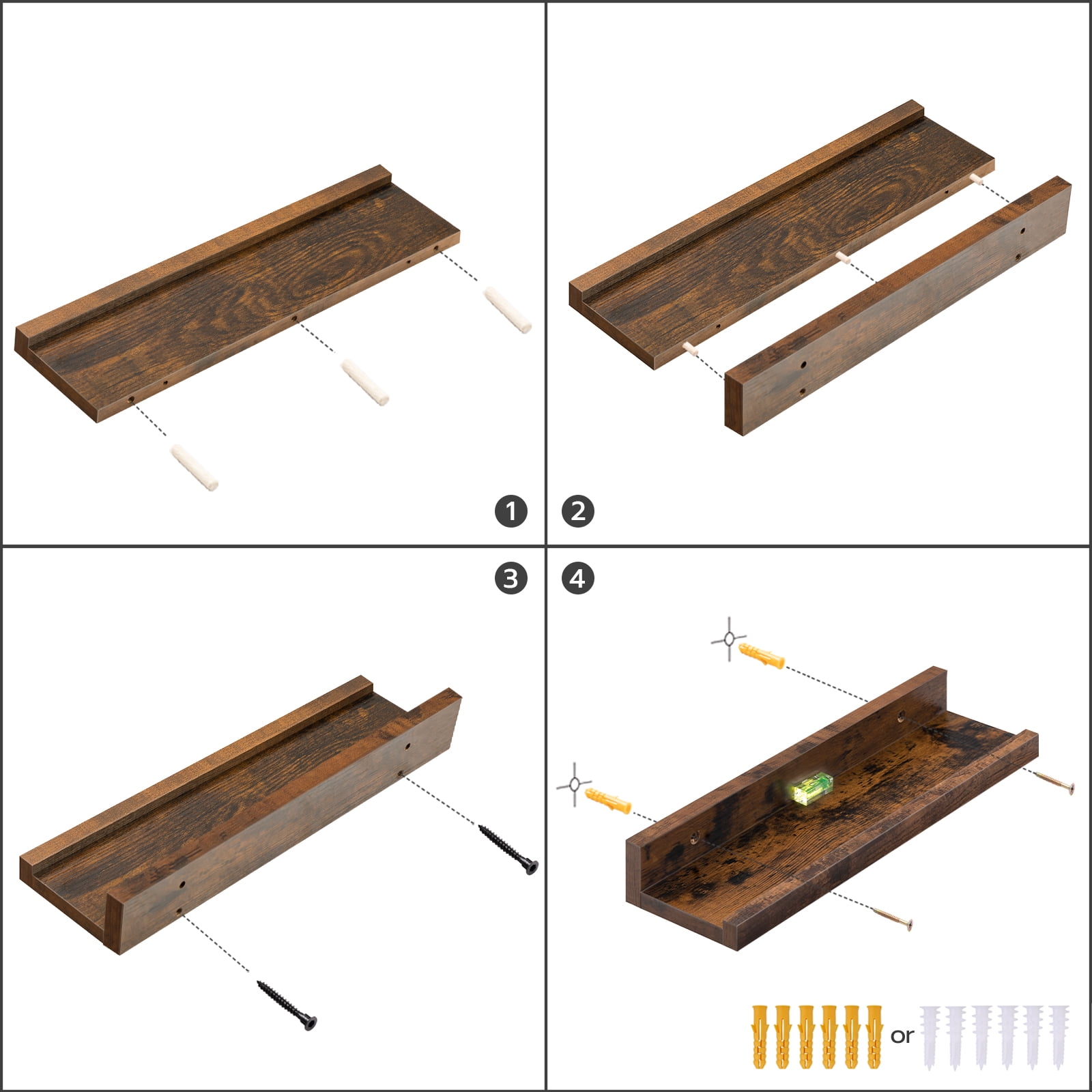 HOOBRO Set of 3 35.4-Inch Floating Wall Shelves with Raised Edge & Invisible Brackets, Rustic Brown